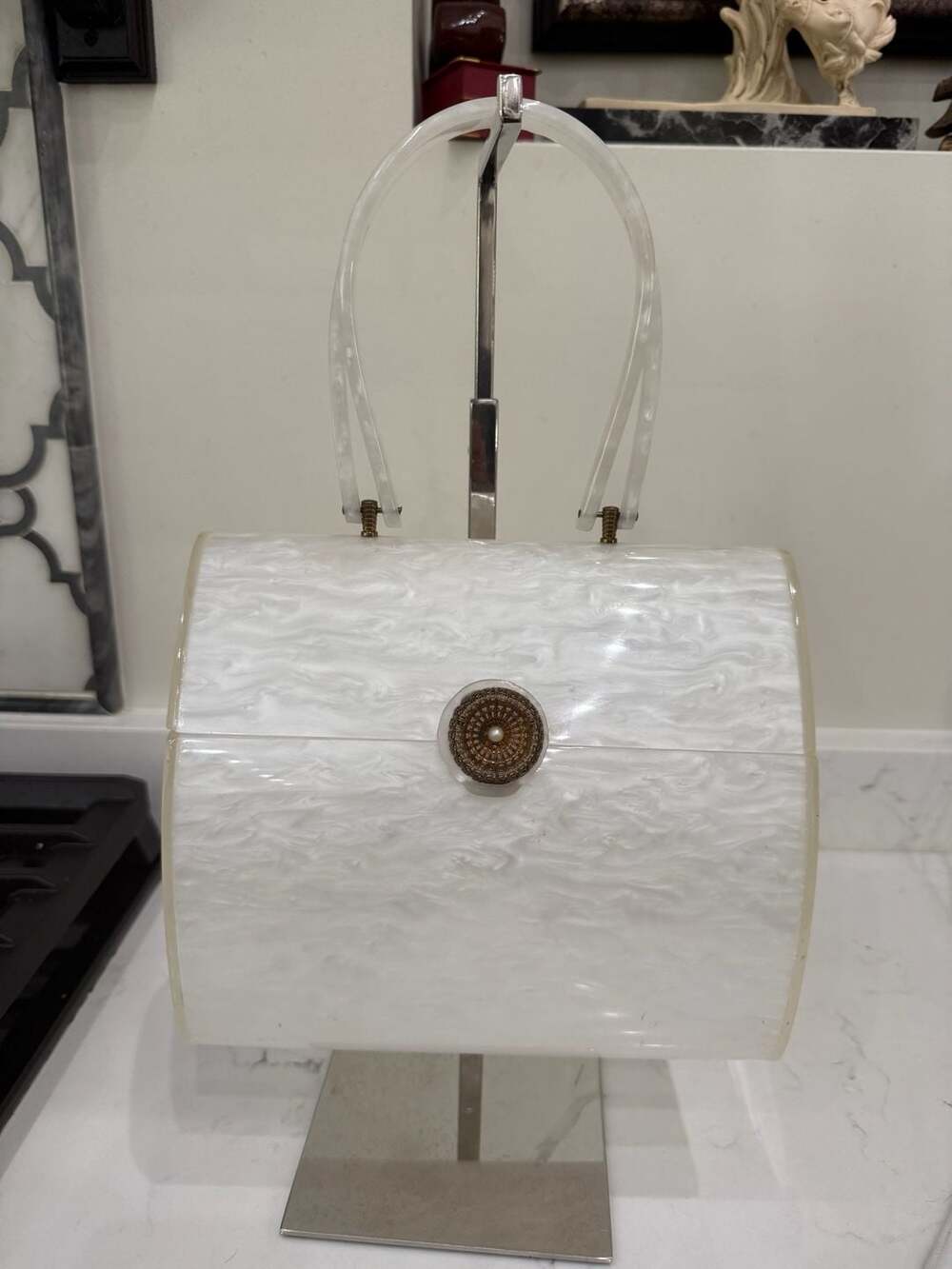 Wilardy Vintage 1950s White Marbleized Lucite Box Purse Top Handle